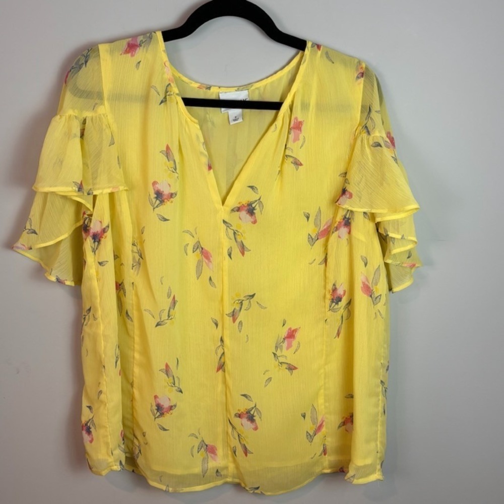 Ava &Viv Womens Yellow Floral V-Neck Short Sleeve Chiffon‎ Top sz X Lined Flirty